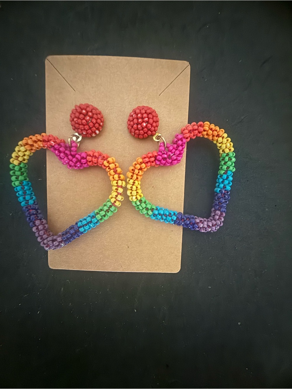 Handmade Rainbow Seed Bead Heart Drop Earrings - Multicolor